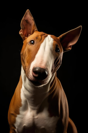 Portrait of cute brown bull terrier on dark background, created using generative ai technology. Animal, pet and dog concept digitally generated image.の素材