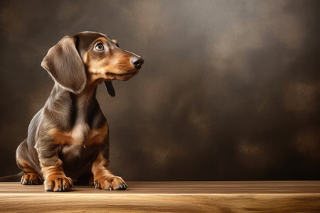 Portrait of cute brown dachshund puppy on dark background, created using generative ai technology. Animal, puppy, pet and dog concept digitally generated image.の素材