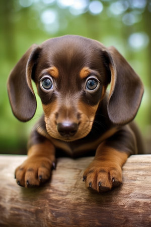 Portrait of cute brown dachshund puppy in nature, created using generative ai technology. Animal, puppy, pet and dog concept digitally generated image.の素材