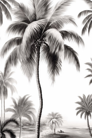 Multiple palm trees in black and white, created using generative ai technology. Palm trees, wallpaper pattern and exotic nature concept digitally generated image.の素材