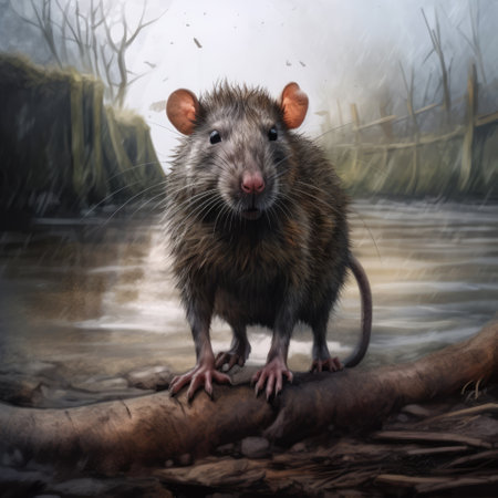 Portrait of wet big rat on branch in rain, created using generative ai technology. Animal, rodent and nature concept digitally generated image.の素材