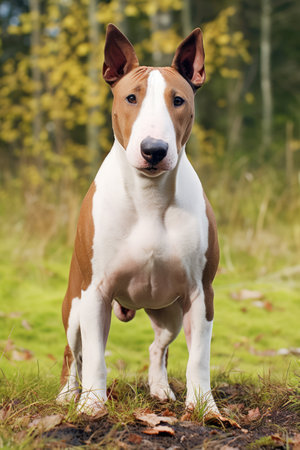 Portrait of brown bull terrier in grass, created using generative ai technology. Animal, pet and dog concept digitally generated image.の素材