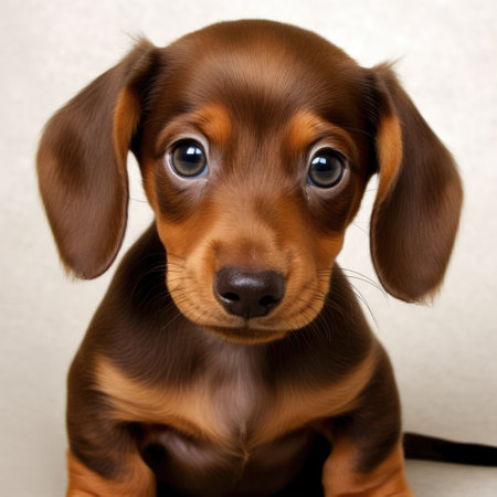 Portrait of cute brown dachshund puppy on light background, created using generative ai technology. Animal, puppy, pet and dog concept digitally generated image.の素材