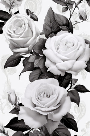 White roses in black and white on white background, created using generative ai technology. Flowers, pattern and nature concept digitally generated image.の素材