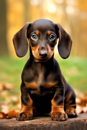 Portrait of cute brown dachshund puppy in nature, created using generative ai technology. Animal, puppy, pet and dog concept digitally generated image.の素材