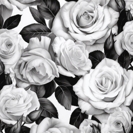 White roses in black and white on white background, created using generative ai technology. Flowers, pattern and nature concept digitally generated image.の素材
