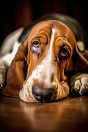 Portrait of cute basset hound lying on wooden floor, created using generative ai technology. Animal, pet and dog concept digitally generated image.の素材