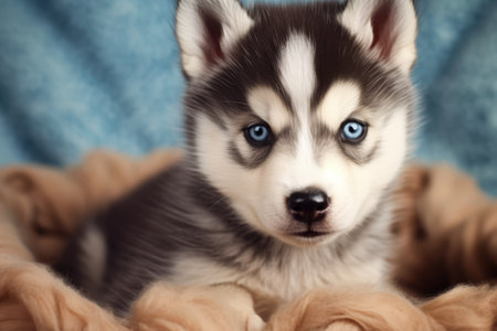Portrait of cute siberian husky puppy lying on blanket, created using generative ai technology. Animal, puppy, pet and dog concept digitally generated image.の素材