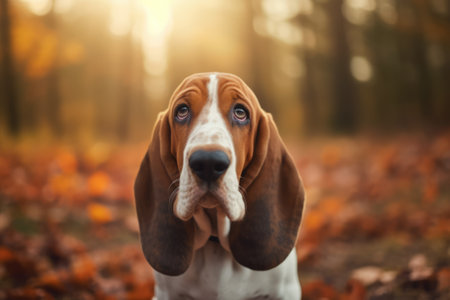 Portrait of cute basset hound in nature, created using generative ai technology. Animal, pet and dog concept digitally generated image.の素材