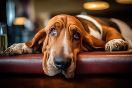 Portrait of cute basset hound lying on furniture, created using generative ai technology. Animal, pet and dog concept digitally generated image.の素材