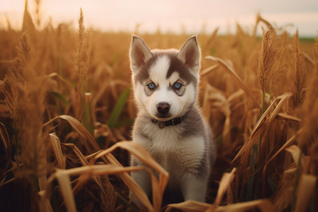 Portrait of cute siberian husky puppy in field, created using generative ai technology. Animal, puppy, pet and dog concept digitally generated image.の素材
