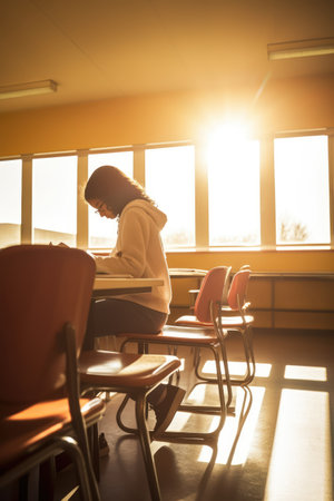 Caucasian schoolgirl in classroom, created using generative ai technology. School, learning and education concept digitally generated image.の素材