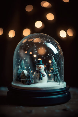 Snowman and trees in christmas snow globe with bokeh lights, created using generative ai technology. Christmas, winter season, tradition, decoration and celebration concept digitally generated image.の素材