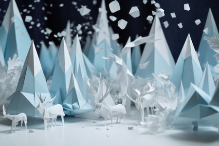 White and blue origami forest and animals in winter, created using generative ai technology. Nature, seasons, wildlife and paper craft concept digitally generated image.の素材