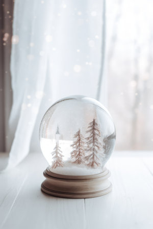 Trees in christmas snow globe with fairy lights by window, created using generative ai technology. Christmas, winter season, tradition, decoration and celebration concept digitally generated image.の素材