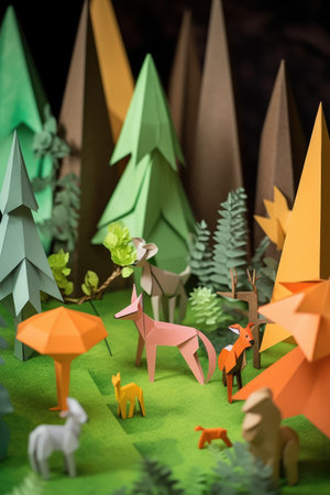Green and brown origami forest and animals in summer, created using generative ai technology. Nature, seasons, wildlife and paper craft concept digitally generated image.の素材