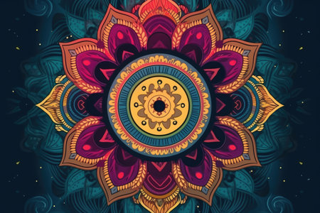 Multicoloured mandala design, created using generative ai technology. Colour, pattern, design, symbol and spirituality concept digitally generated image.の素材