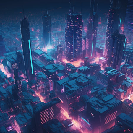 Skyscrapers and purple neon lights at night in cityscape, created using generative ai technology. Sci fi, cyberpunk, fantasy architecture and futuristic city concept digitally generated image.の素材