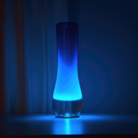 Blue lava lamp on table in dark room at night, created using generative ai technology. Retro, psychedelic, relaxation and interior decoration lamp concept digitally generated image.の素材