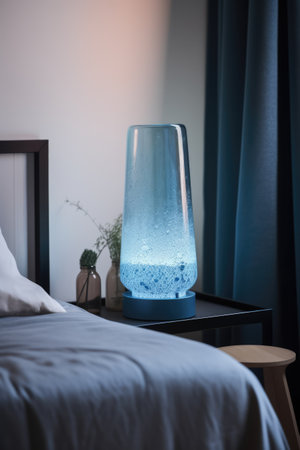 Blue lava lamp on bedside table in bedroom in daylight, created using generative ai technology. Retro, psychedelic, relaxation and interior decoration lamp concept digitally generated image.の素材