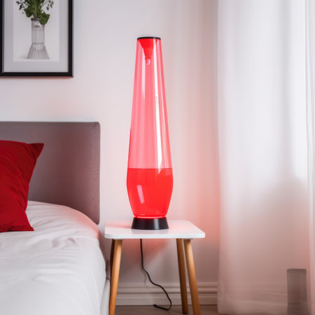 Red lava lamp on bedside table in bedroom in daylight, created using generative ai technology. Retro, psychedelic, relaxation and interior decoration lamp concept digitally generated image.の素材
