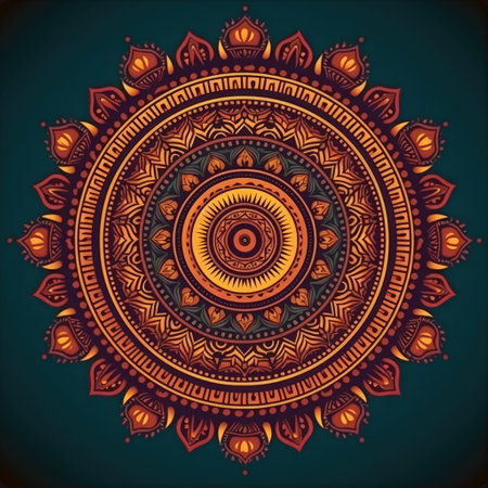 Multicoloured mandala design, created using generative ai technology. Colour, pattern, design, symbol and spirituality concept digitally generated image.の素材