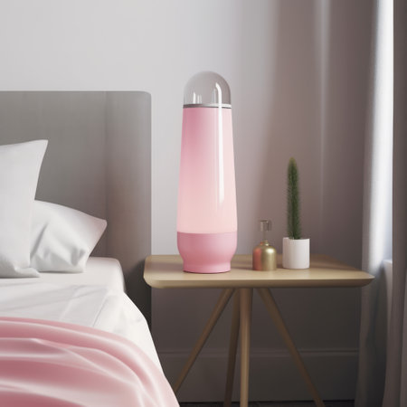 Pink lava lamp on bedside table in bedroom in daylight, created using generative ai technology. Retro, psychedelic, relaxation and interior decoration lamp concept digitally generated image.の素材
