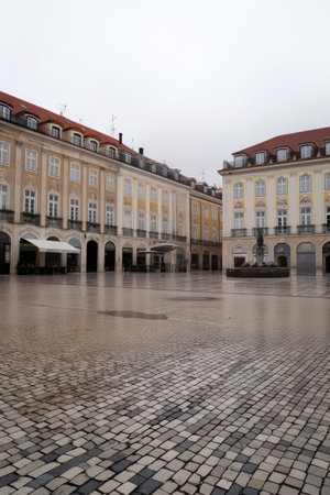 High angle view of cobblestones in 18th century city square, created using generative ai technology. Historical architecture, landmarks and city planning concept digitally generated image.の素材