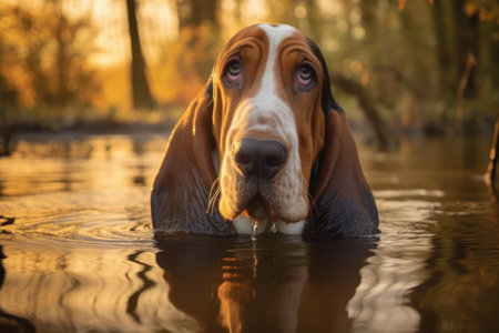 Portrait of cute basset hound in lake, created using generative ai technology. Animal, pet and dog concept digitally generated image.の素材