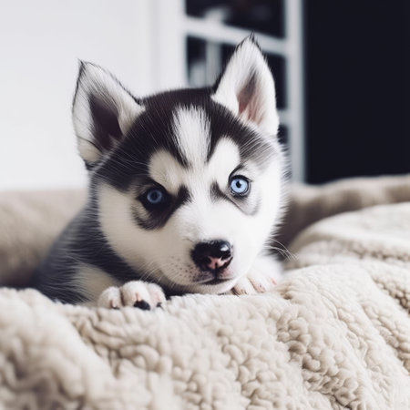 Portrait of cute siberian husky puppy lying on blanket, created using generative ai technology. Animal, puppy, pet and dog concept digitally generated image.の素材