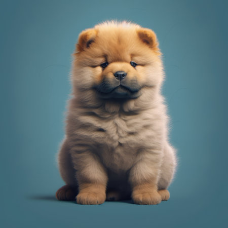 Portrait of cute chow chow puppy on blue background, created using generative ai technology. Animal, puppy, pet and dog concept digitally generated image.の素材
