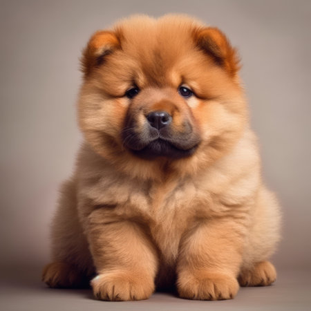 Portrait of cute chow chow puppy on gray background, created using generative ai technology. Animal, puppy, pet and dog concept digitally generated image.の素材