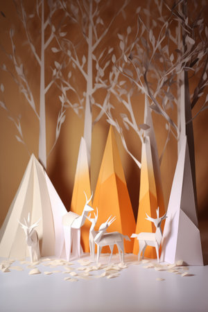 Orange and white origami forest and animals in autumn, created using generative ai technology. Nature, seasons, wildlife and paper craft concept digitally generated image.の素材