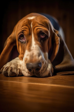 Portrait of cute basset hound lying on wooden floor, created using generative ai technology. Animal, pet and dog concept digitally generated image.の素材