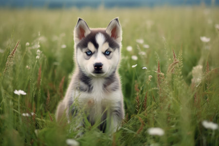 Portrait of cute siberian husky puppy in meadow, created using generative ai technology. Animal, puppy, pet and dog concept digitally generated image.の素材