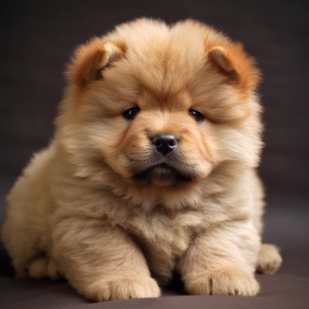 Portrait of cute chow chow puppy on dark background, created using generative ai technology. Animal, puppy, pet and dog concept digitally generated image.の素材
