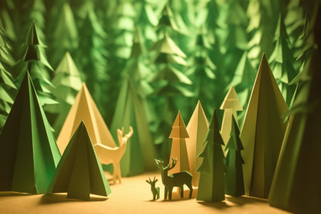 Green and yellow origami forest and wild animals in spring, created using generative ai technology. Nature, seasons, wildlife and paper craft concept digitally generated image.の素材