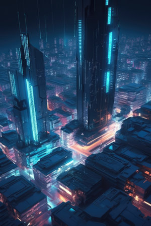 Skyscrapers and blue neon lights at night in cityscape, created using generative ai technology. Sci fi, cyberpunk, fantasy architecture and futuristic city concept digitally generated image.の素材