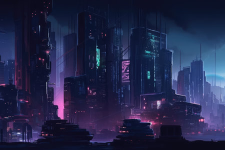 Skyscrapers and purple neon lights at night in cityscape, created using generative ai technology. Sci fi, cyberpunk, fantasy architecture and futuristic city concept digitally generated image.の素材