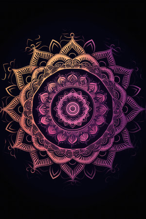 Purple and yellow mandala design on black background, created using generative ai technology. Colour, pattern, design, symbol and spirituality concept digitally generated image.の素材