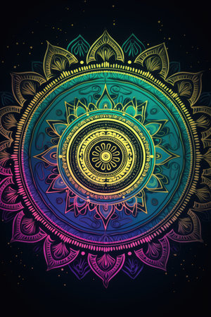 Multicoloured mandala design, created using generative ai technology. Colour, pattern, design, symbol and spirituality concept digitally generated image.の素材