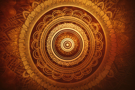 Gold mandala design on orange background, created using generative ai technology. Colour, pattern, design, symbol and spirituality concept digitally generated image.の素材
