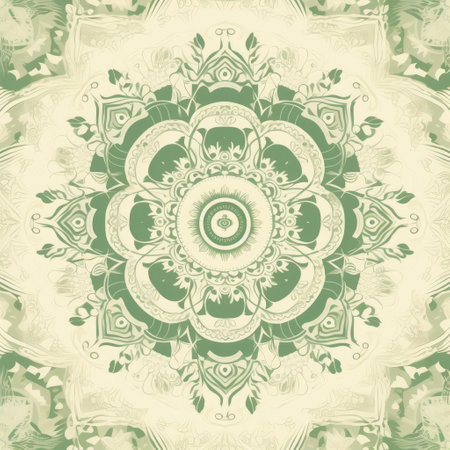 White mandala design on green background, created using generative ai technology. Colour, pattern, design, symbol and spirituality concept digitally generated image.の素材