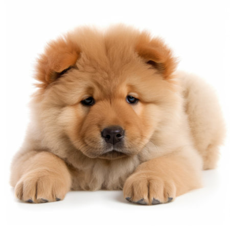 Portrait of cute chow chow puppy on white background, created using generative ai technology. Animal, puppy, pet and dog concept digitally generated image.の素材