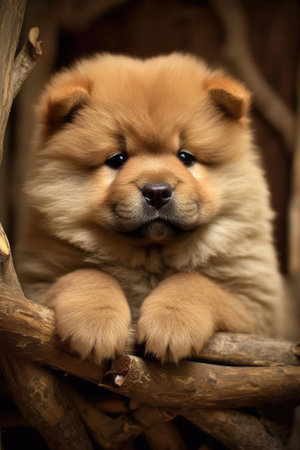 Portrait of cute chow chow puppy lying on wood, created using generative ai technology. Animal, puppy, pet and dog concept digitally generated image.の素材