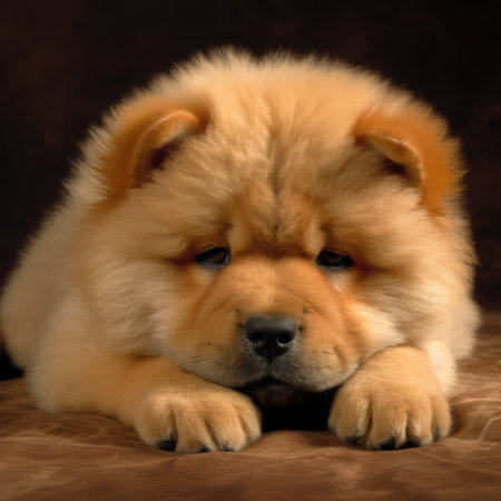 Portrait of cute chow chow puppy lying on blanket, created using generative ai technology. Animal, puppy, pet and dog concept digitally generated image.の素材