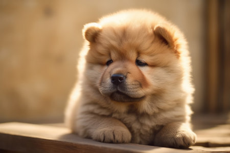 Portrait of cute chow chow puppy lying on wood, created using generative ai technology. Animal, puppy, pet and dog concept digitally generated image.の素材