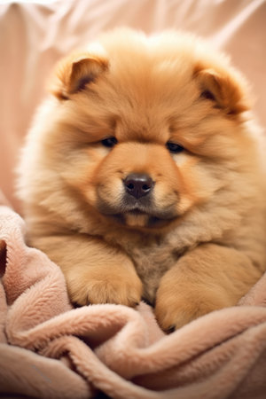 Portrait of cute chow chow puppy lying on pink blanket, created using generative ai technology. Animal, puppy, pet and dog concept digitally generated image.の素材