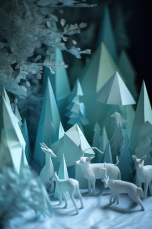White and blue origami forest and woodland animals at night, created using generative ai technology. Nature, seasons, wildlife and paper craft concept digitally generated image.の素材