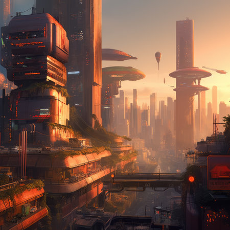 Futuristic industrial buildings and skyscrapers in desert, created using generative ai technology. Sci fi, cyberpunk, fantasy architecture and futuristic city concept digitally generated image.の素材